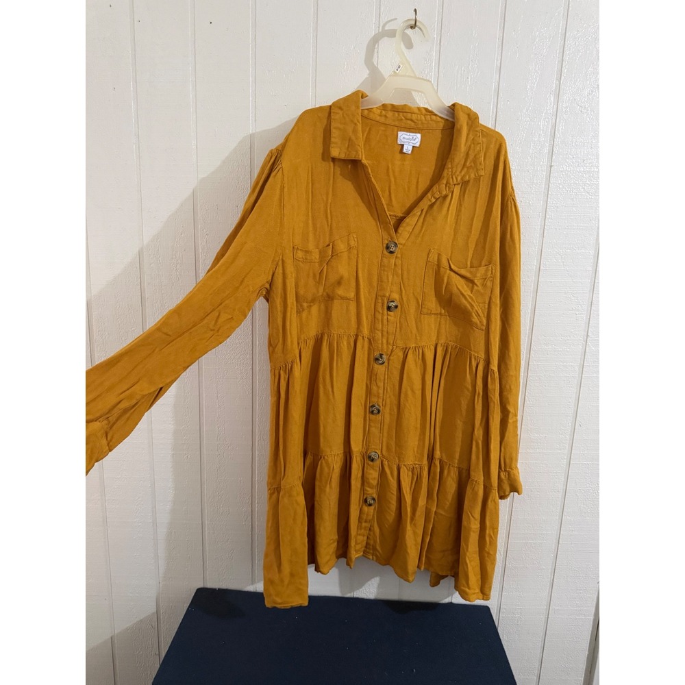 Mud Pie Mustard Yellow Tiered Button Down Shirt Dress Long Sleeve Large